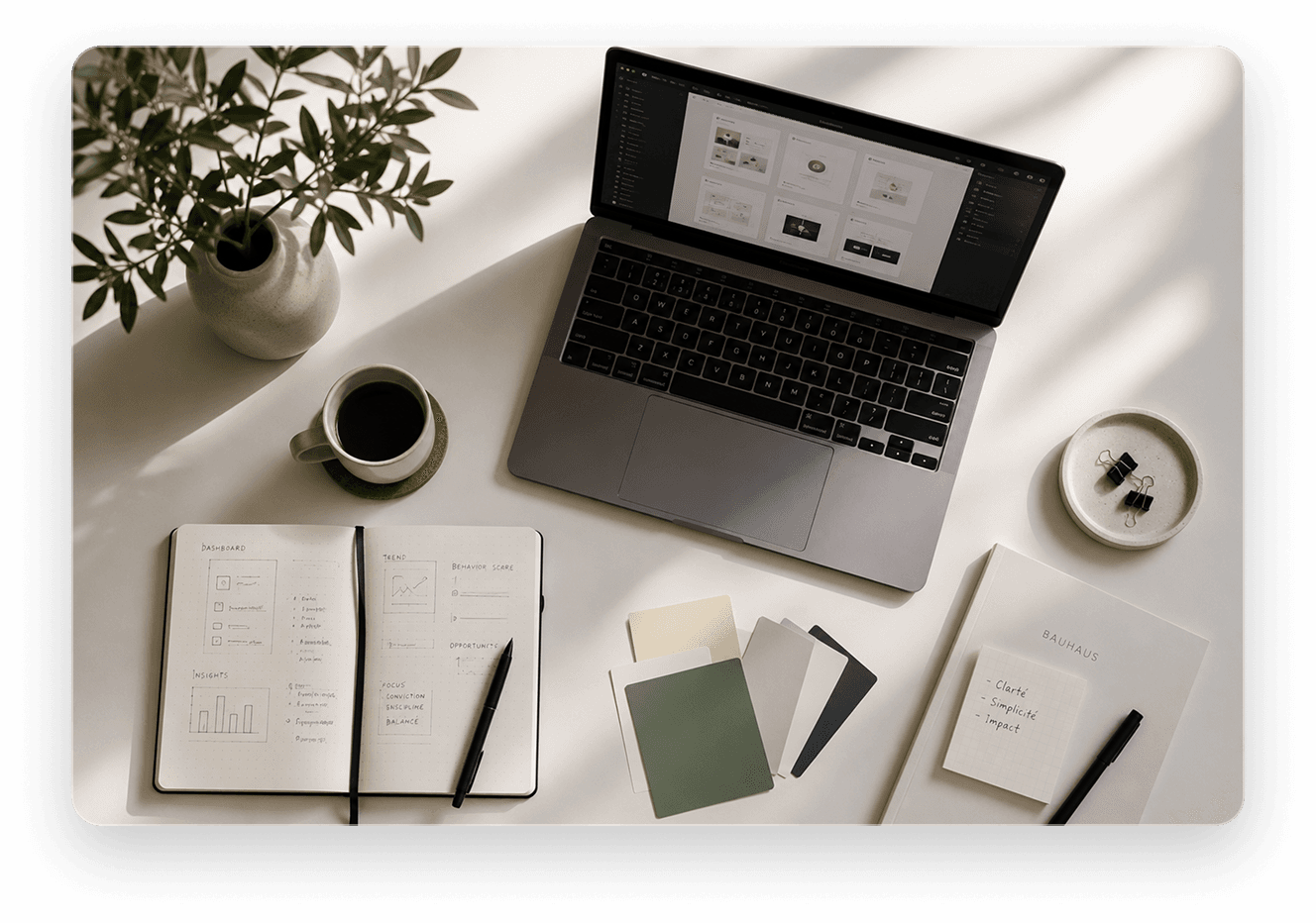 Espace de travail avec ordinateur, carnets et éléments de design